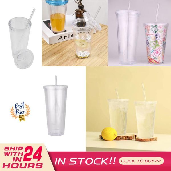 mugs dome lids acrylic double layer drink cups with straw reusable clear water bottle transparent fruit cup portable outdoor